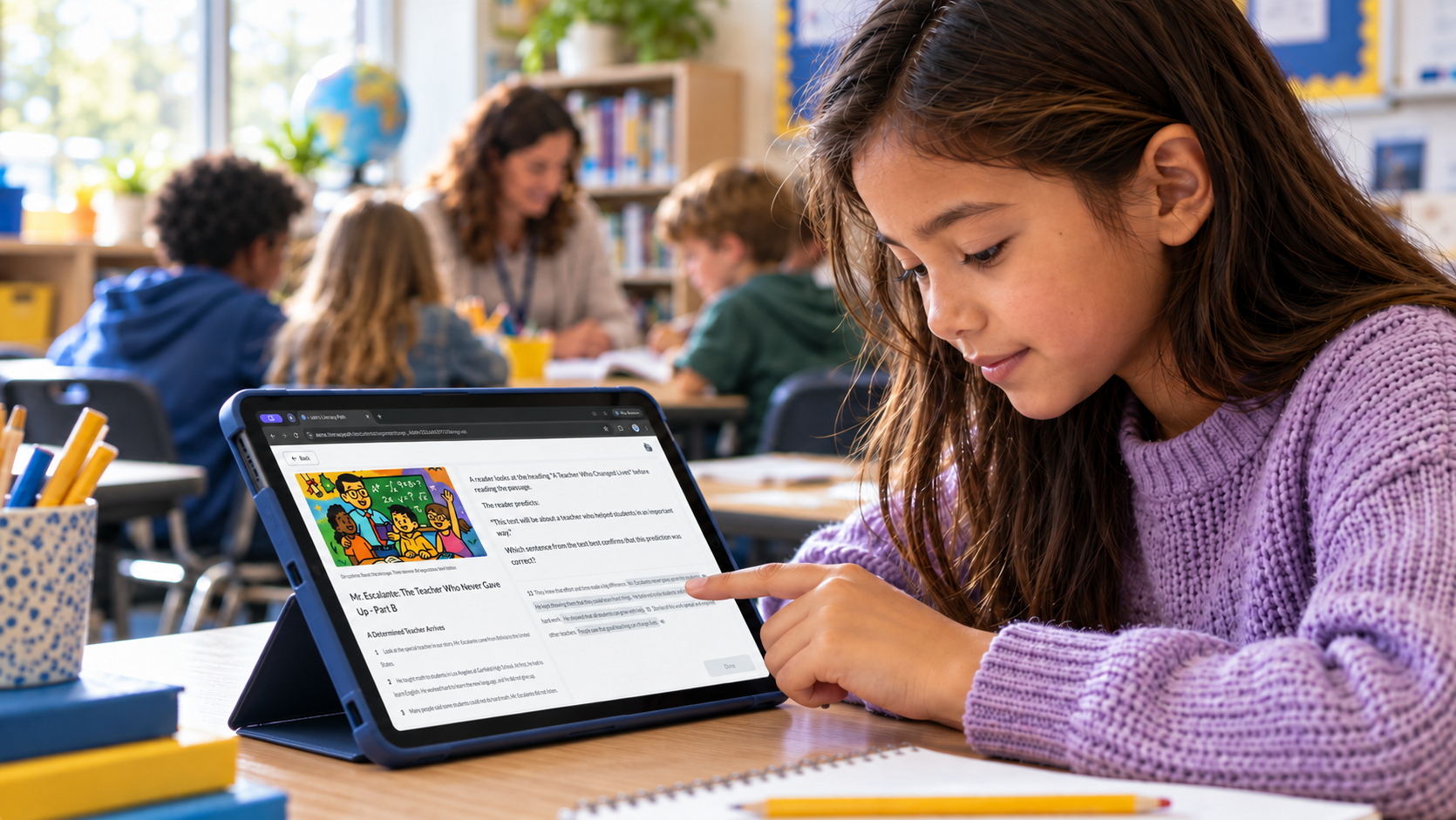 An elementary student using Literacy Path on a tablet while a teacher works with a small group